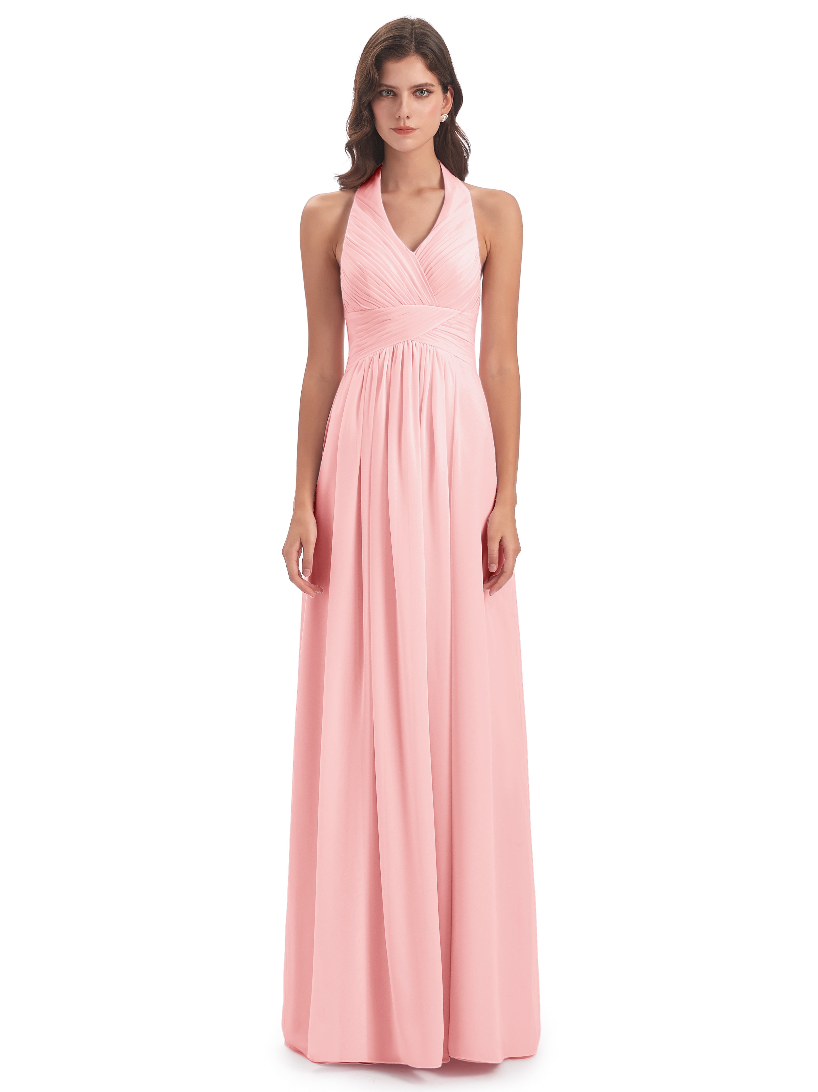 Camila A-line Halter Pleating Long Bridesmaid Dresses