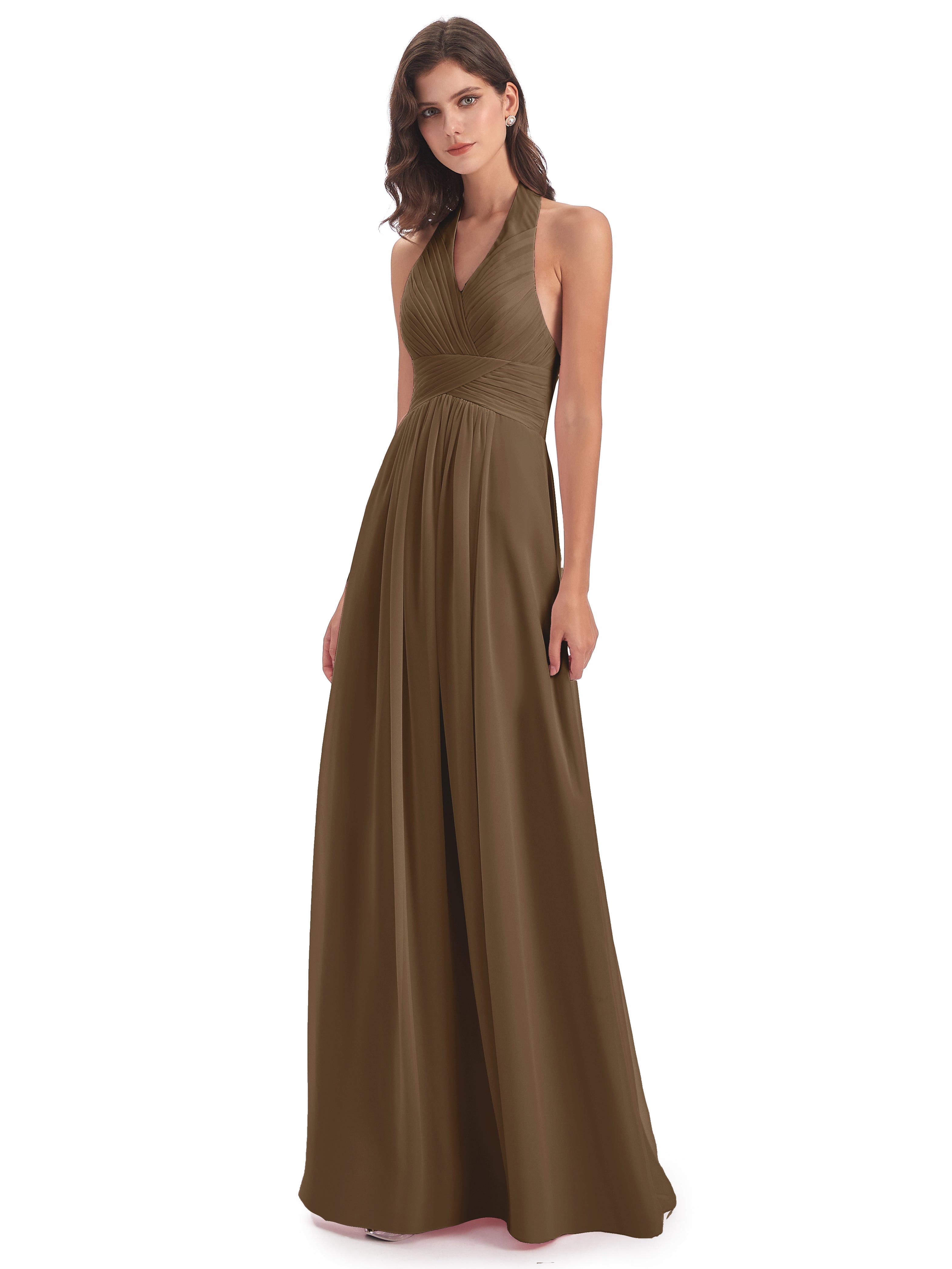 Camila A-line Halter Pleating Long Bridesmaid Dresses