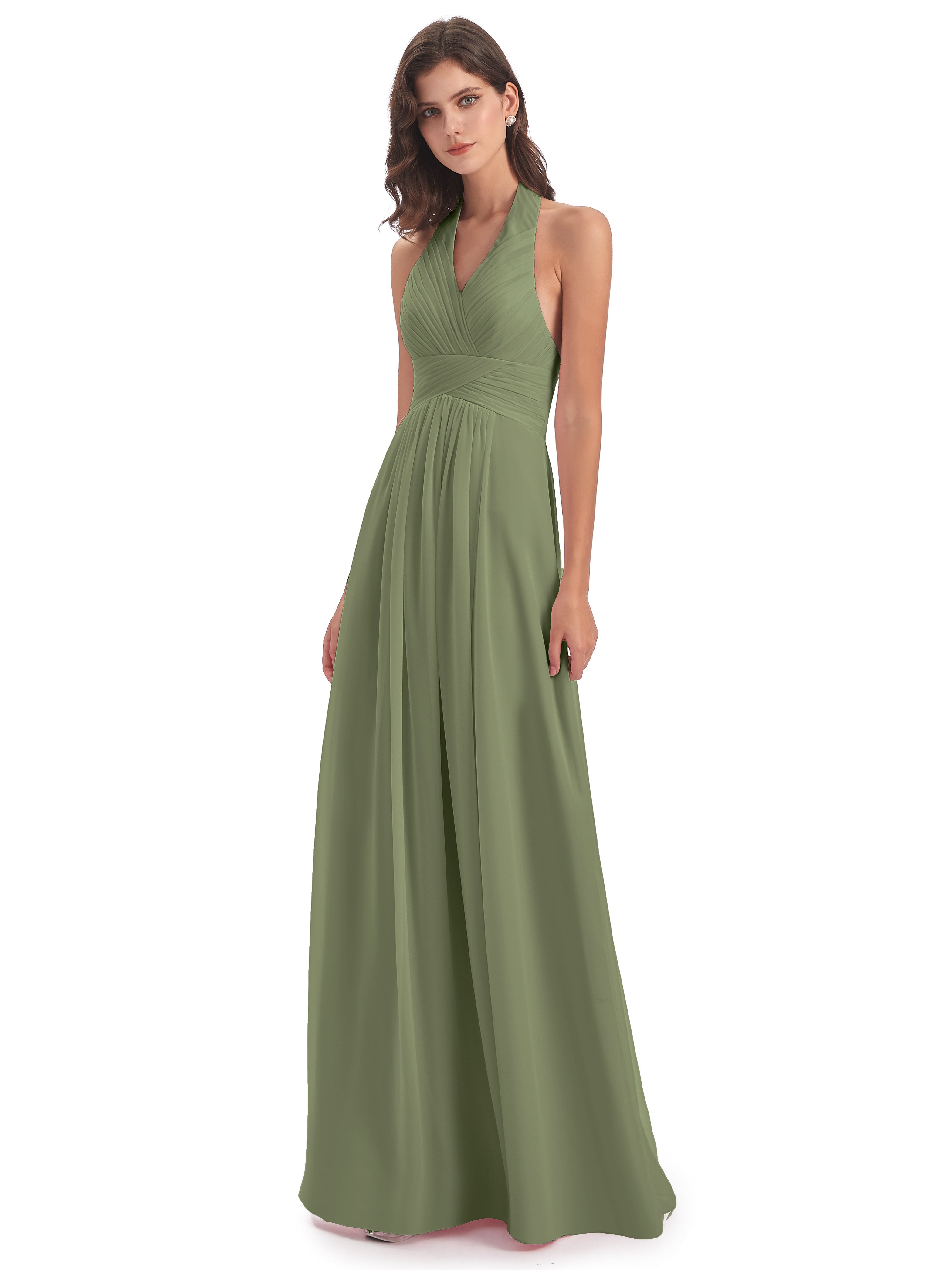 Camila A-line Halter Pleating Long Bridesmaid Dresses