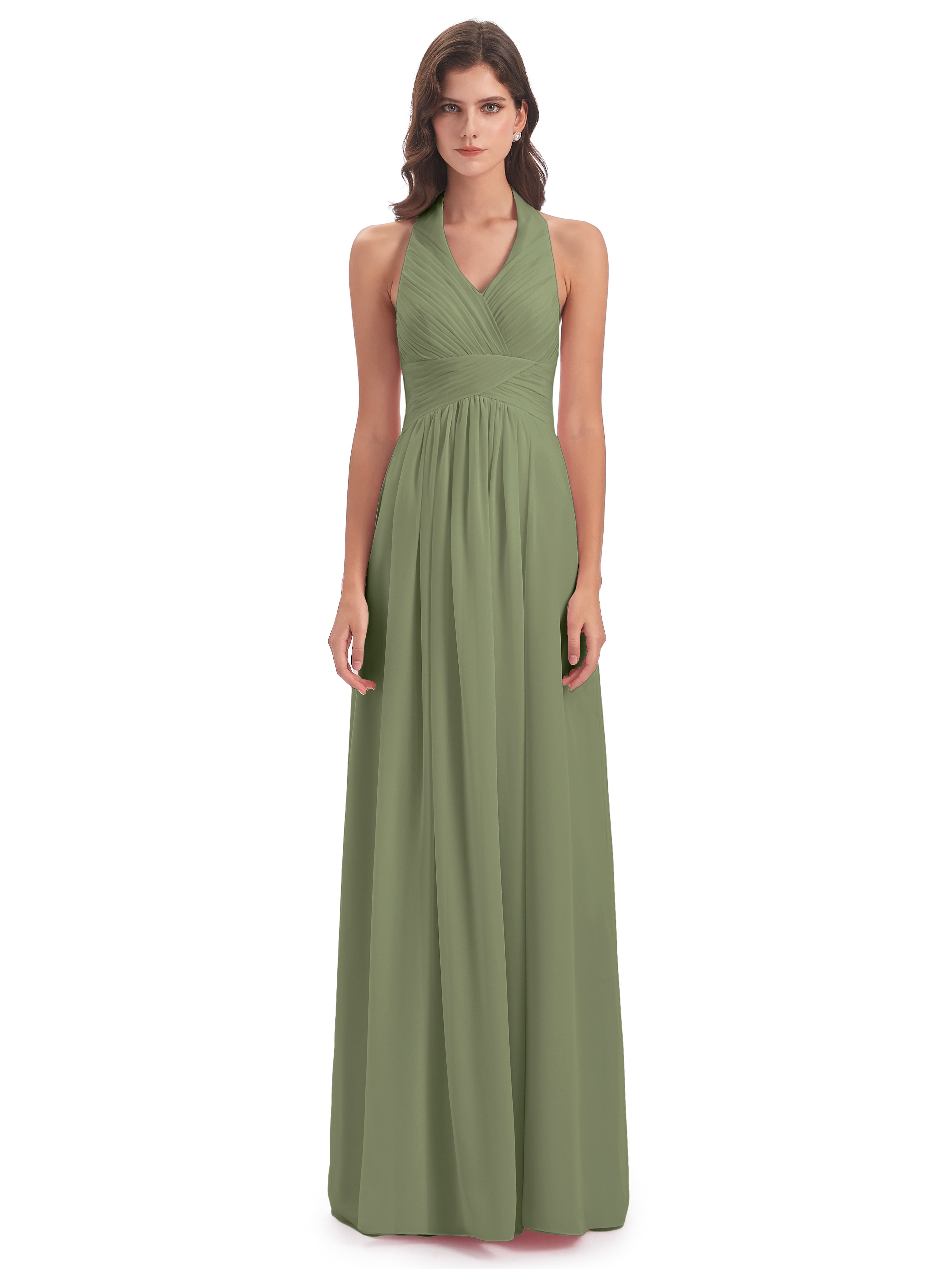 Camila A-line Halter Pleating Long Bridesmaid Dresses