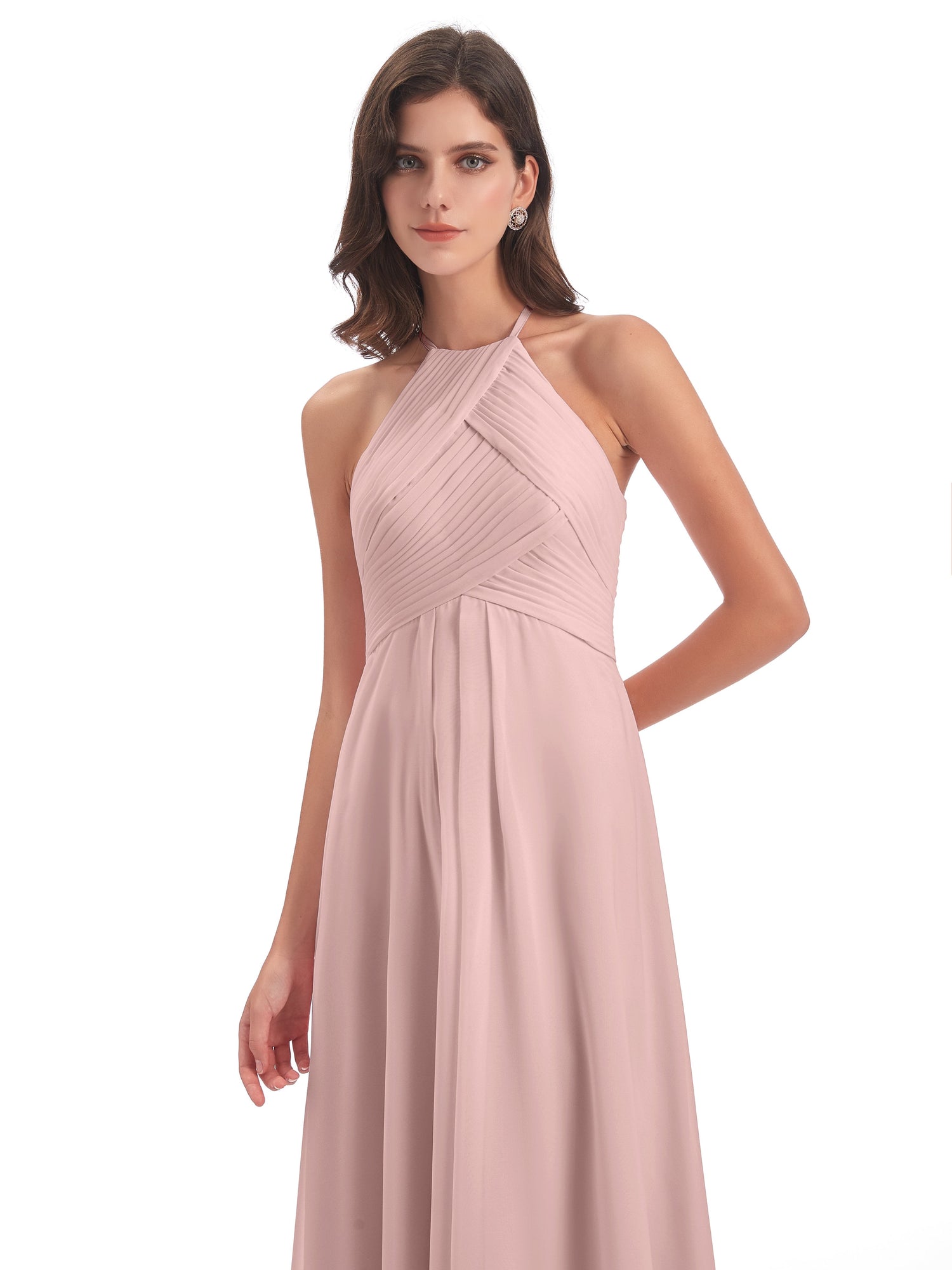 B223008 Poly Chiffon Keyhole Halter Neck Bridesmaid Gown with Sexy