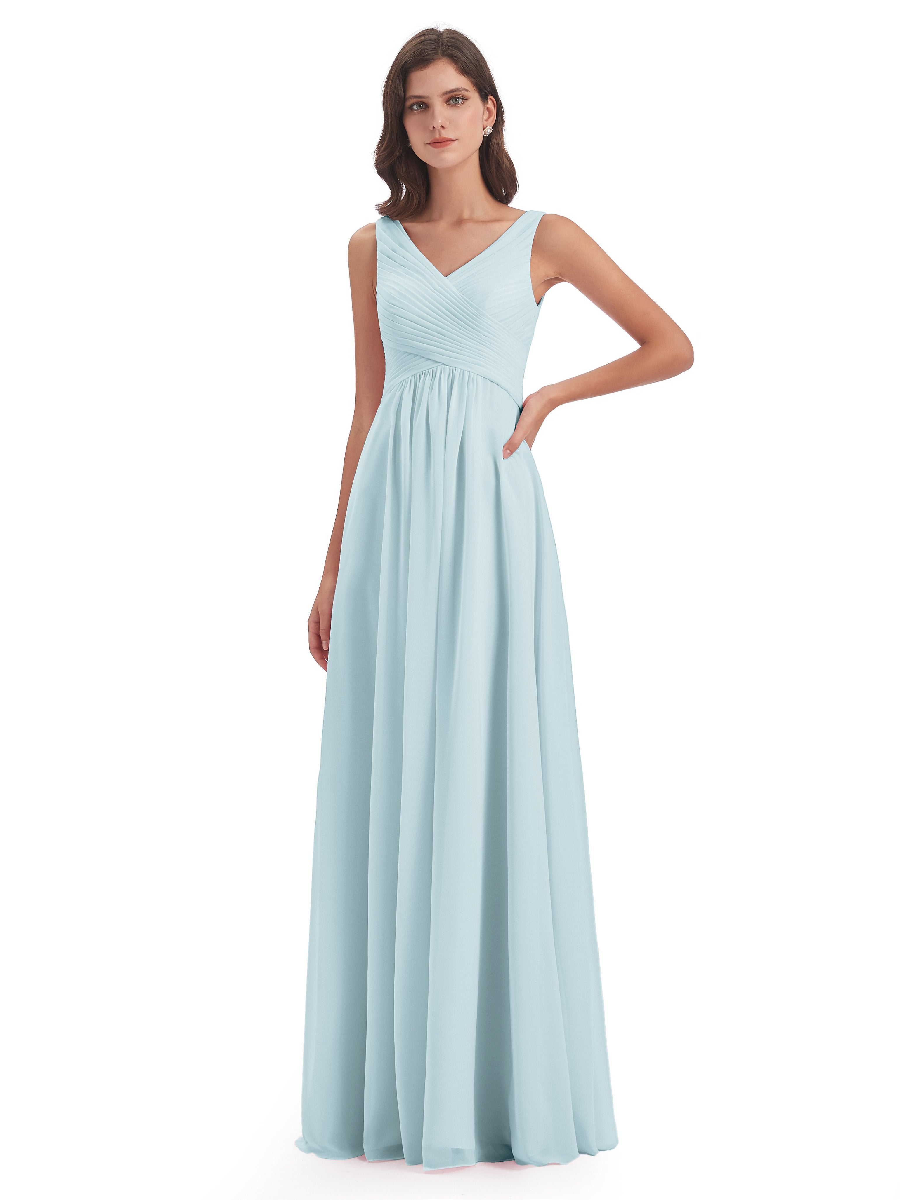 Evalyn V-neck Straps Chiffon Long Bridesmaid Dresses