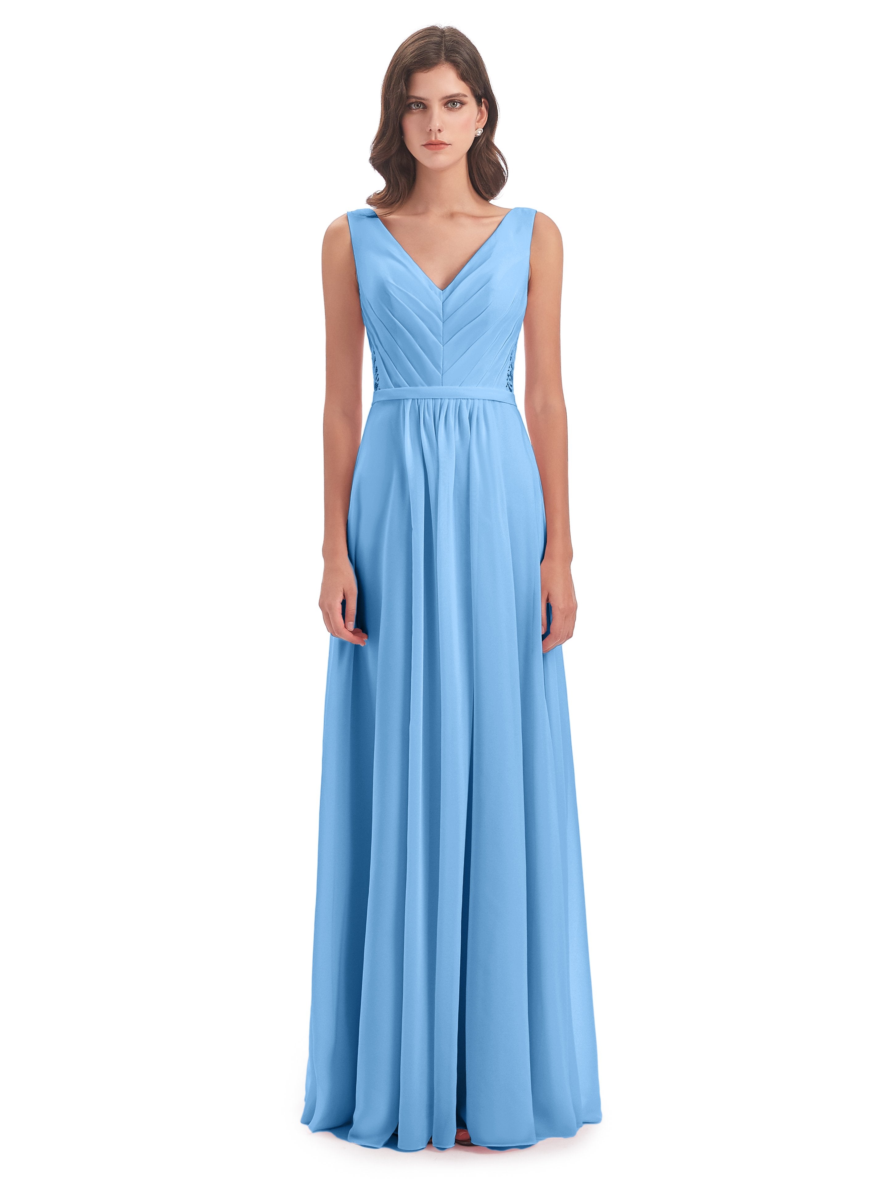 Kailee A-line V-neck Chiffon Long Bridesmaid Dresses