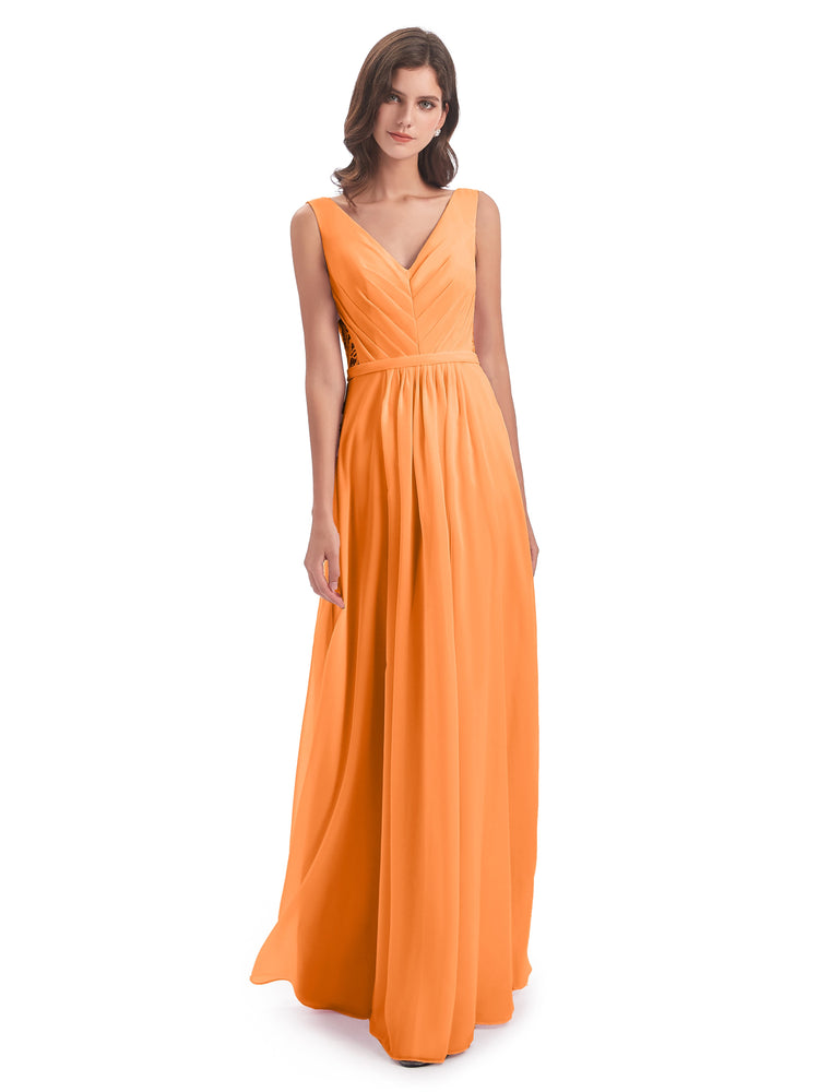 Kailee A-line V-neck Chiffon Long Bridesmaid Dresses