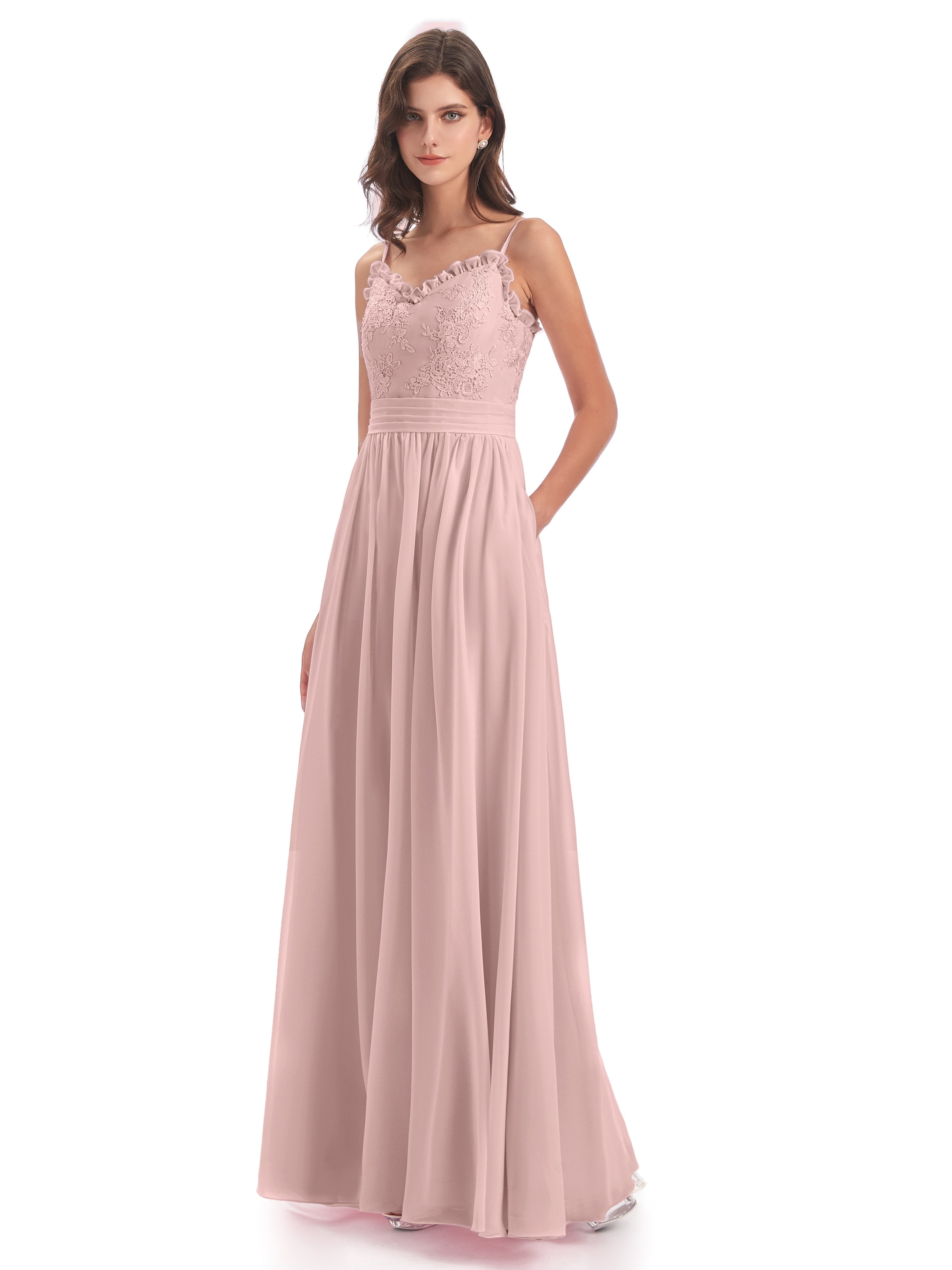 Madison A-line Spaghetti Straps Lace Long Bridesmaid Dresses