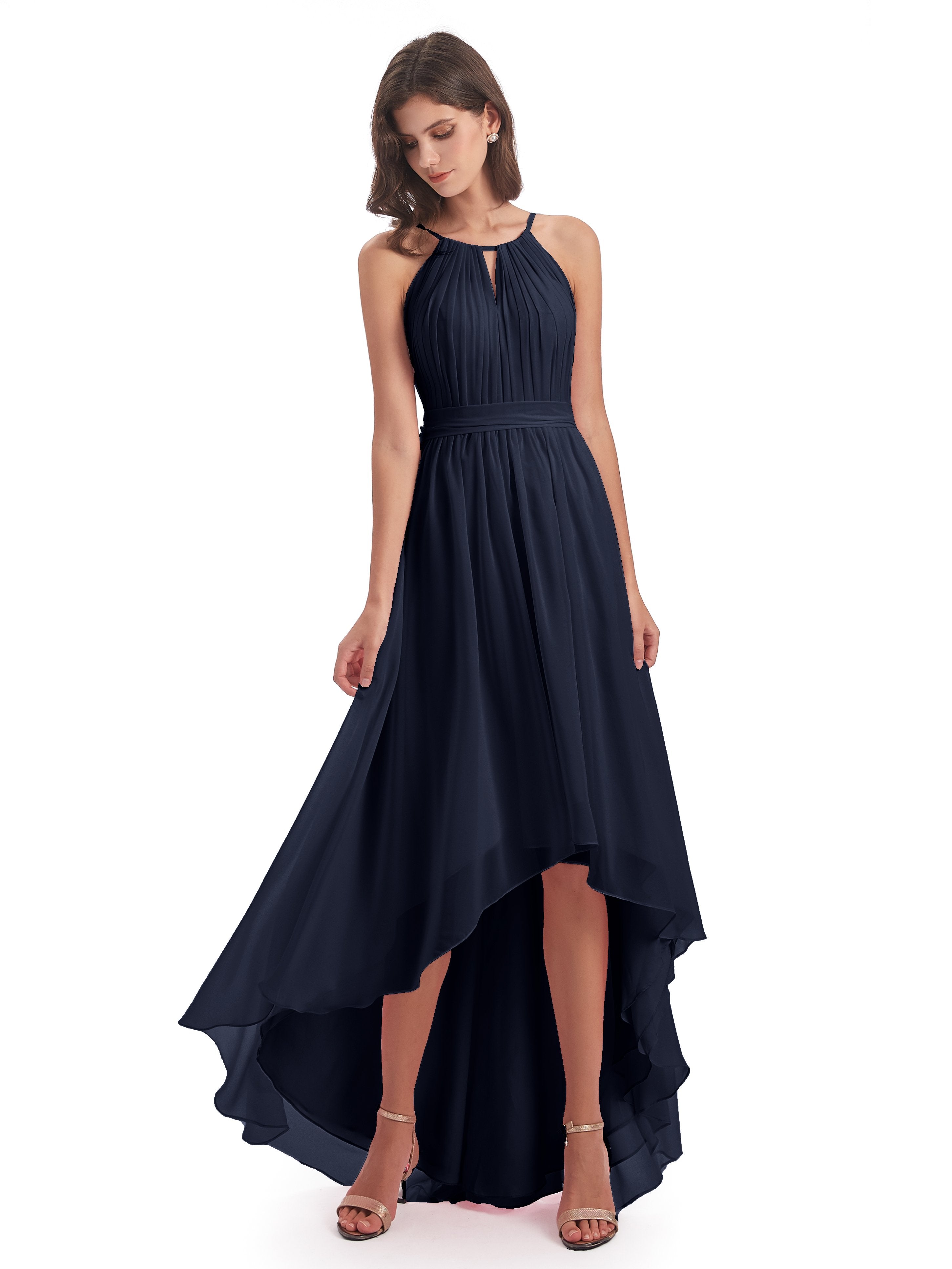 Oaklee Asymmetrical High Low Halter Chiffon Bridesmaid Dresses