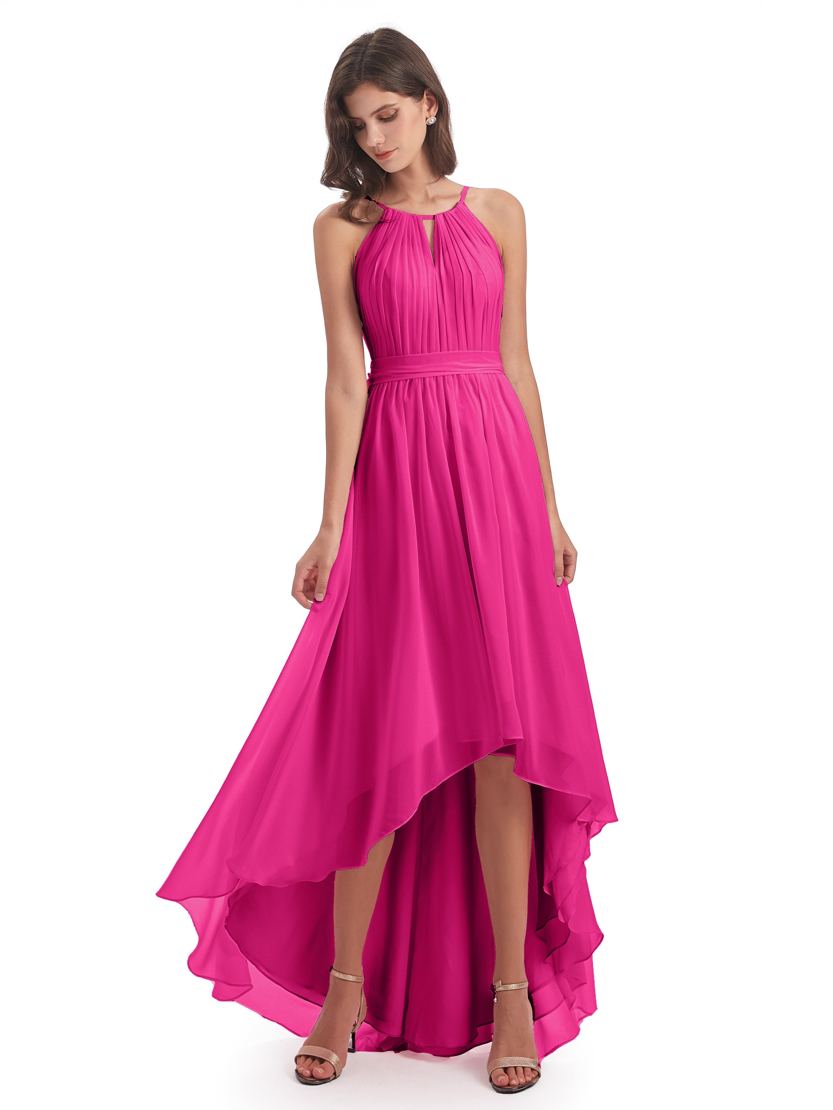 Oaklee Asymmetrical High Low Halter Chiffon Bridesmaid Dresses