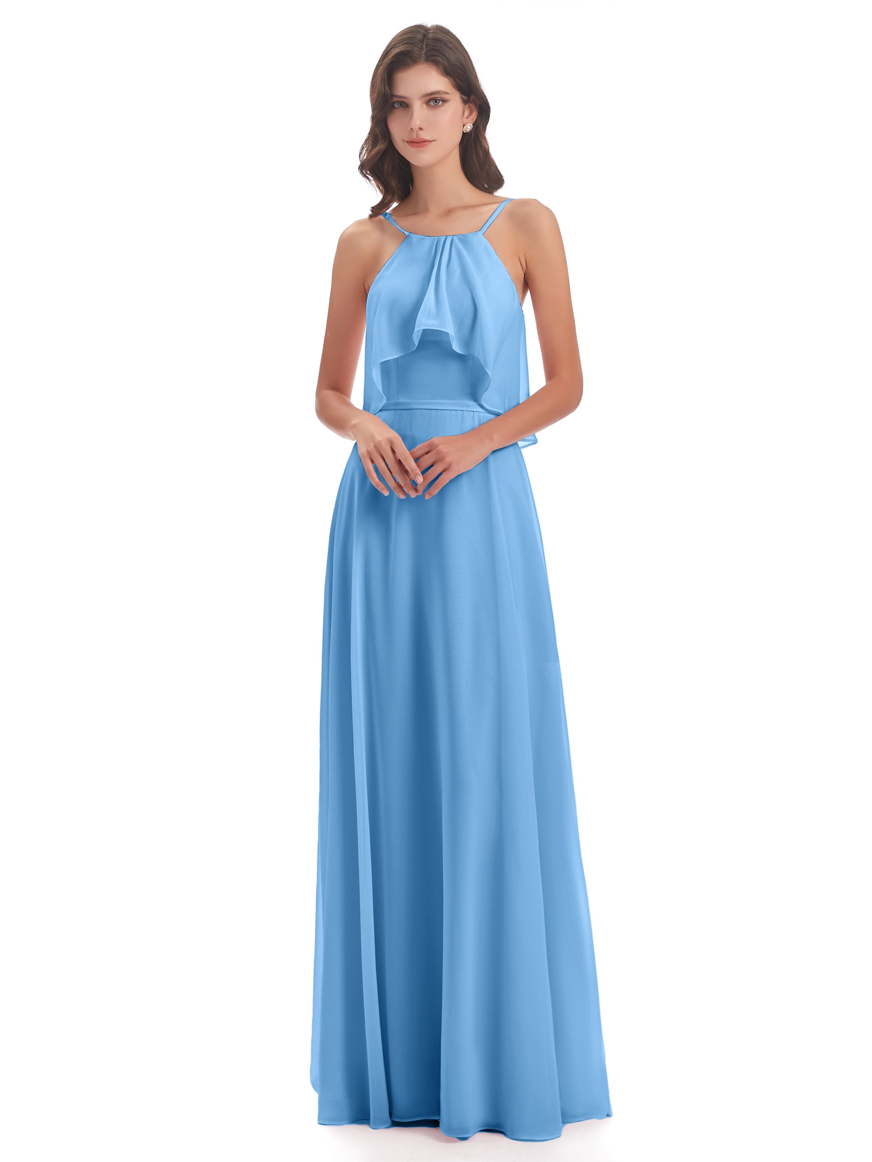 Paisley Halter Ruffles Chiffon Long Bridesmaid Dresses