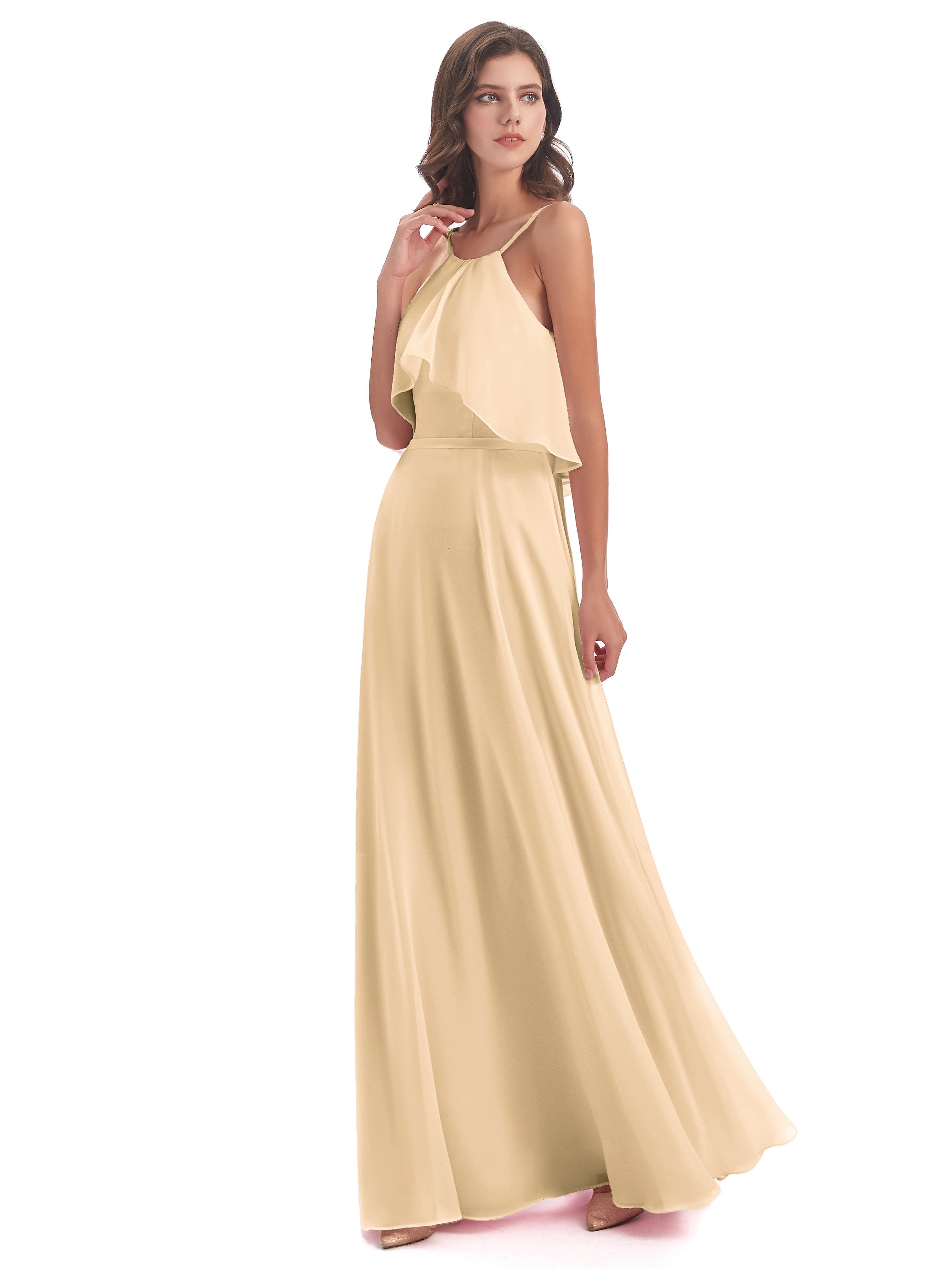 Paisley Halter Ruffles Chiffon Long Bridesmaid Dresses