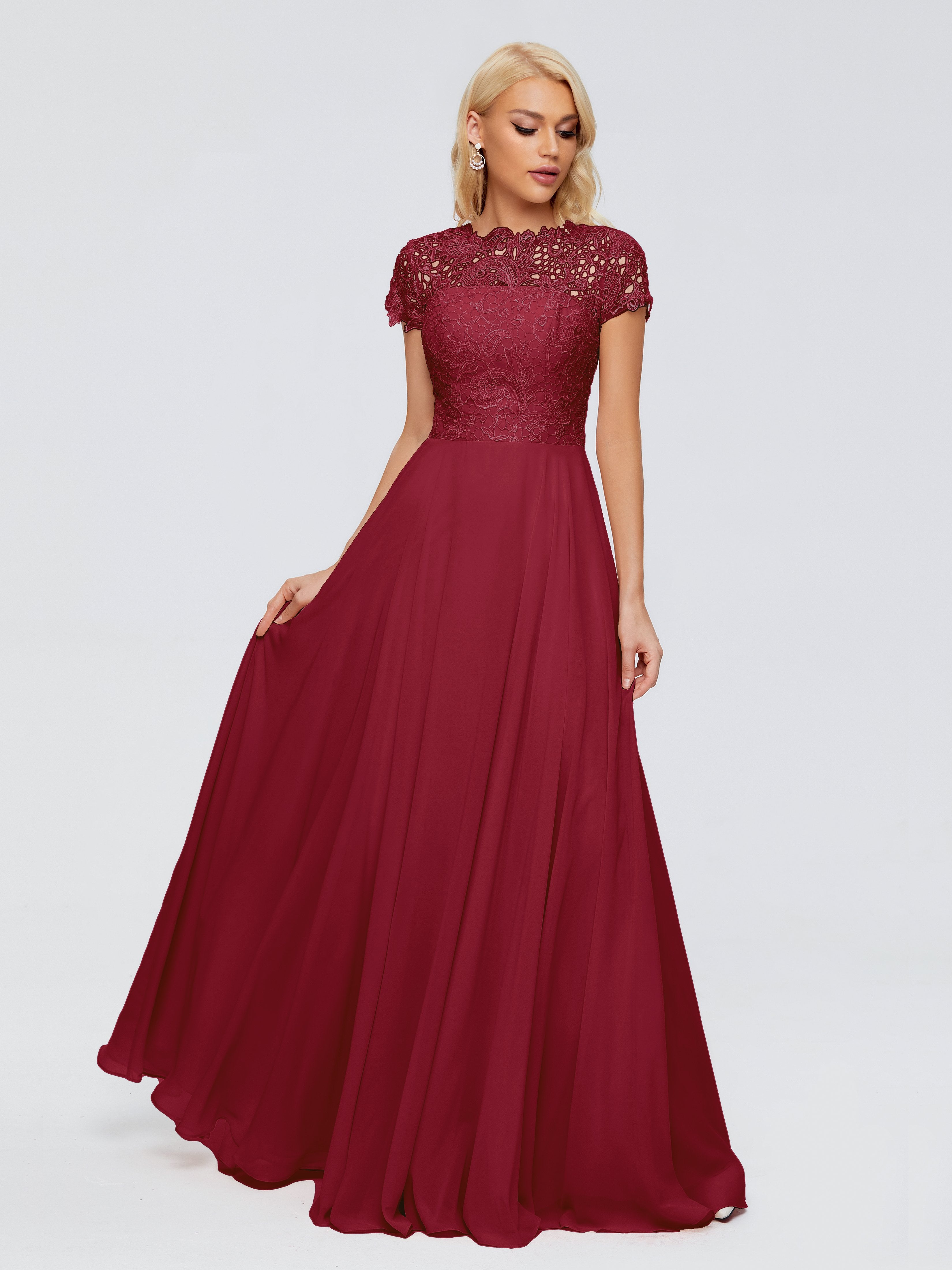 Cicinia Cap Sleeves Lace Bridesmaid Dresses with Pockets Burgundy