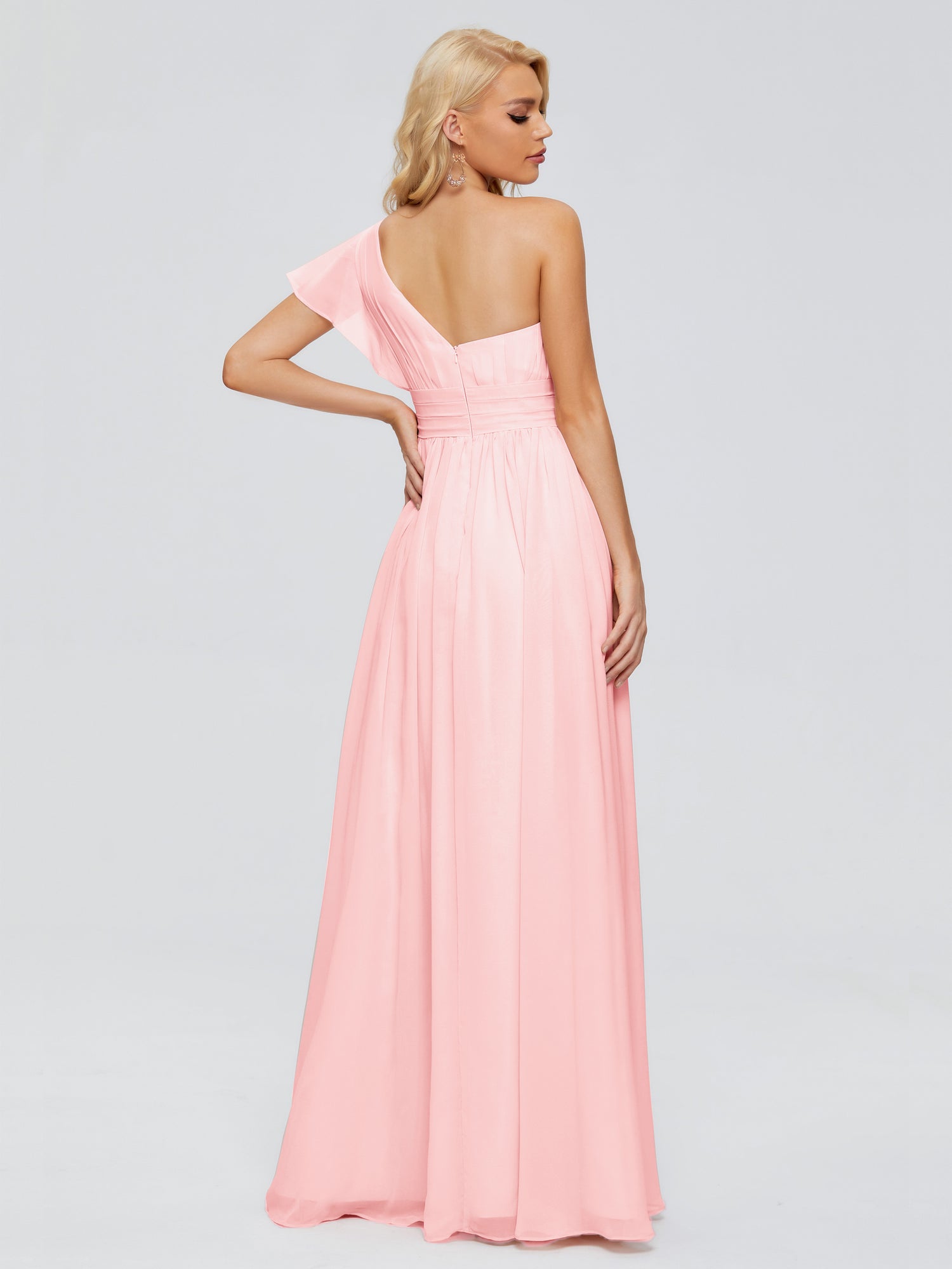 One-shoulder Chiffon Maxi Bridesmaid Dress With Shirred Front Slit In Blush  Garden