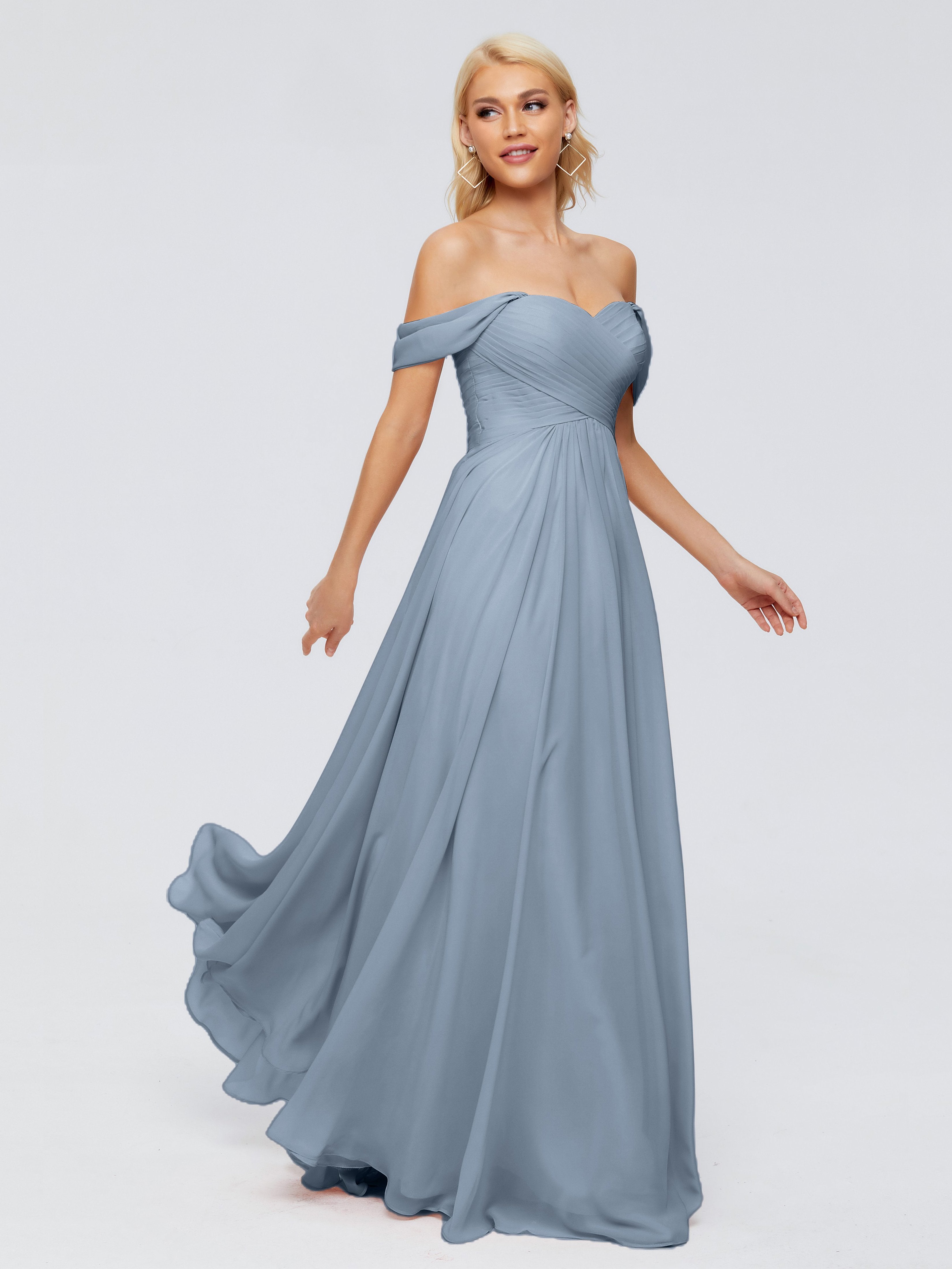 Dusty blue off shops the shoulder bridesmaid dress