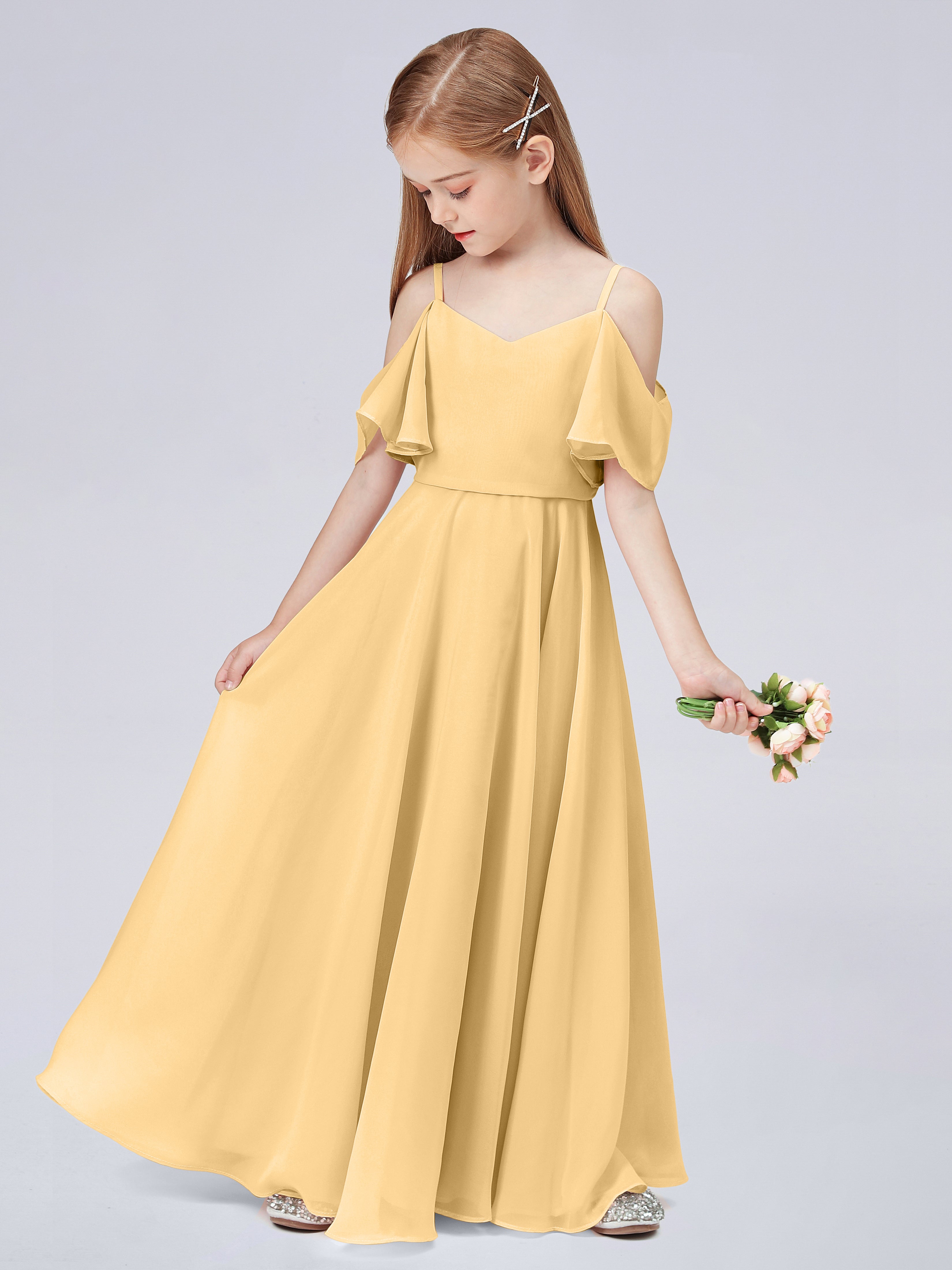 Off Shoulder Ruffled Chiffon Junior Bridesmaid Dress