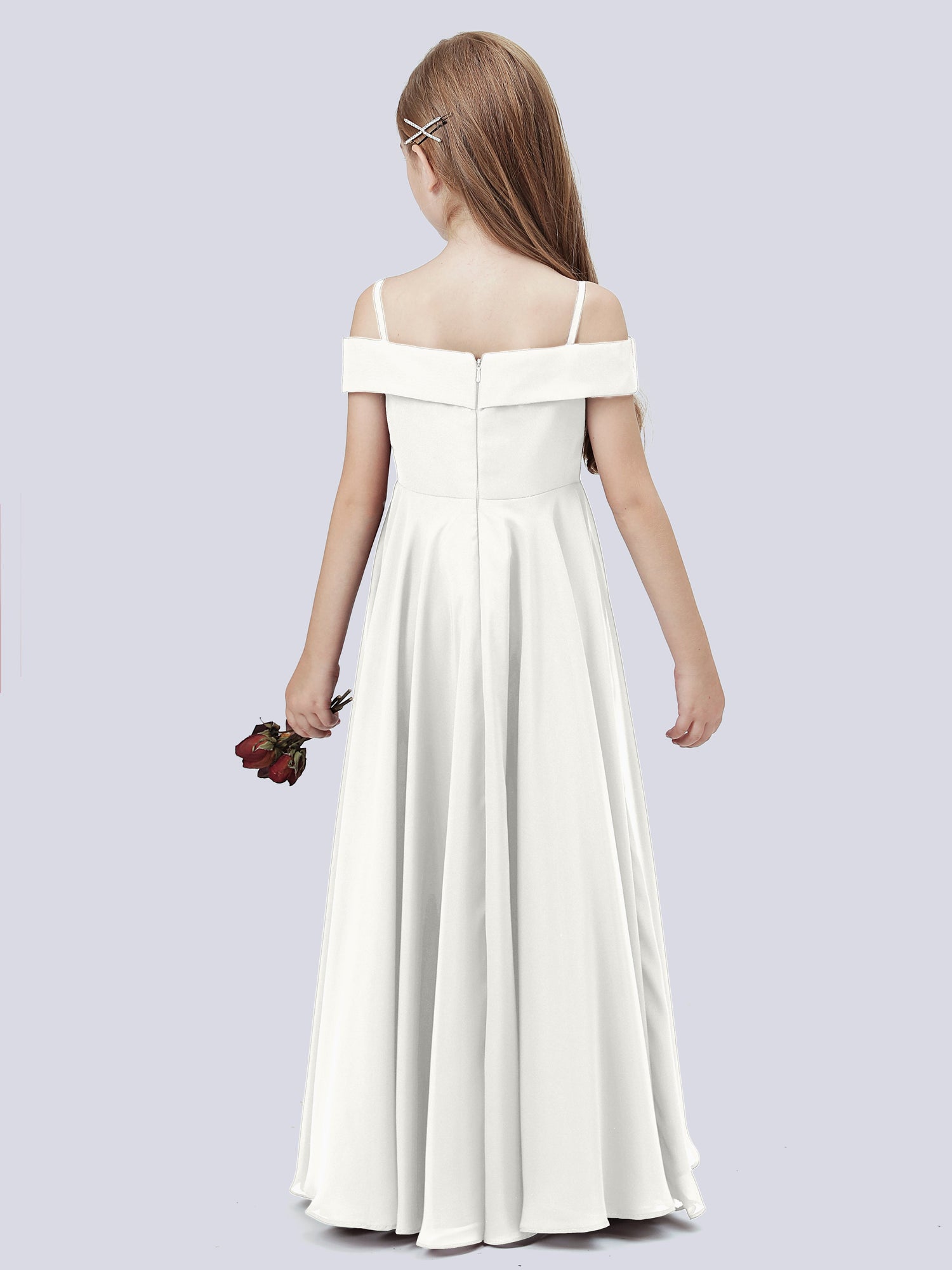 Off-the-Shoulder Draped Wrap Satin Junior Bridesmaid Dress