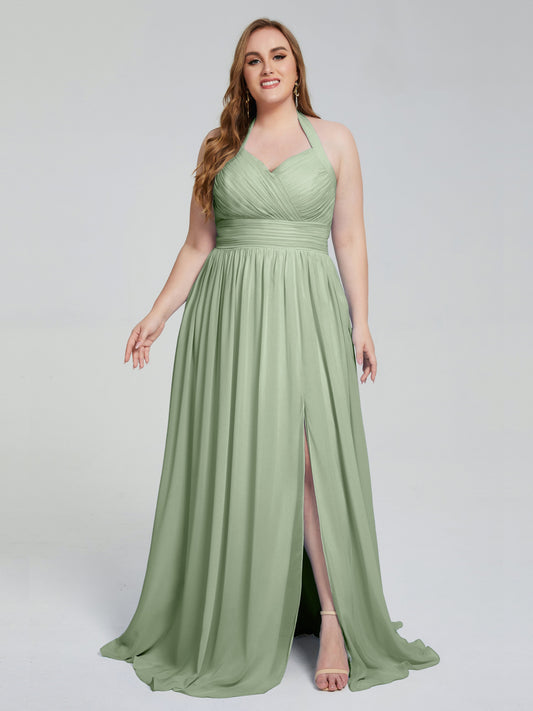 Ailani, Emerald Green Square Neck Ruffle Slit Prom Dress