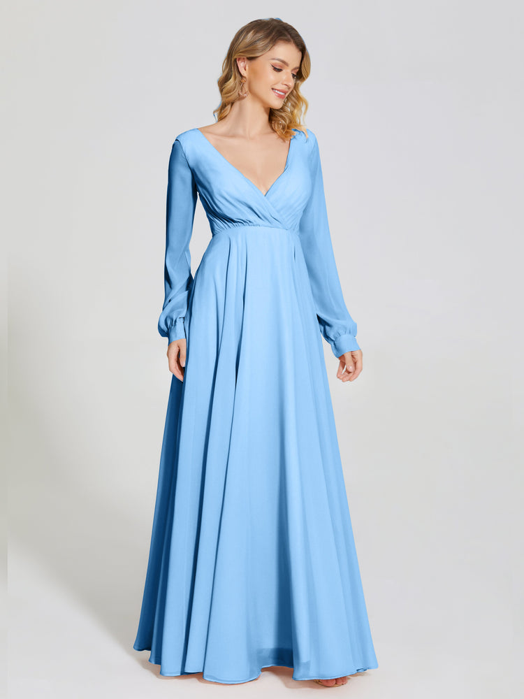 Cicinia Raegan V Neck Chiffon Bridesmaid Dress With Sleeves