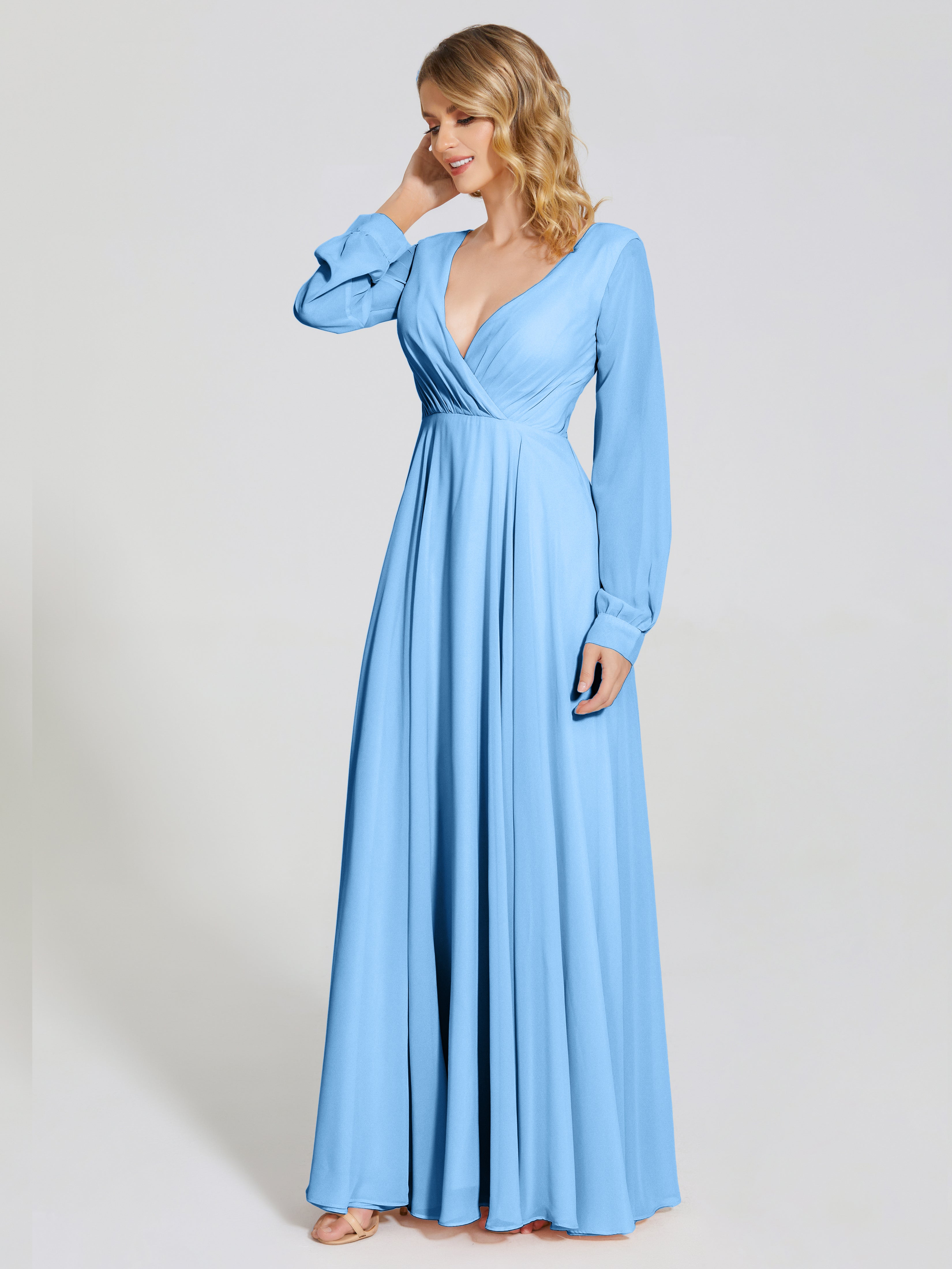 Cicinia Raegan V Neck Chiffon Bridesmaid Dress With Sleeves