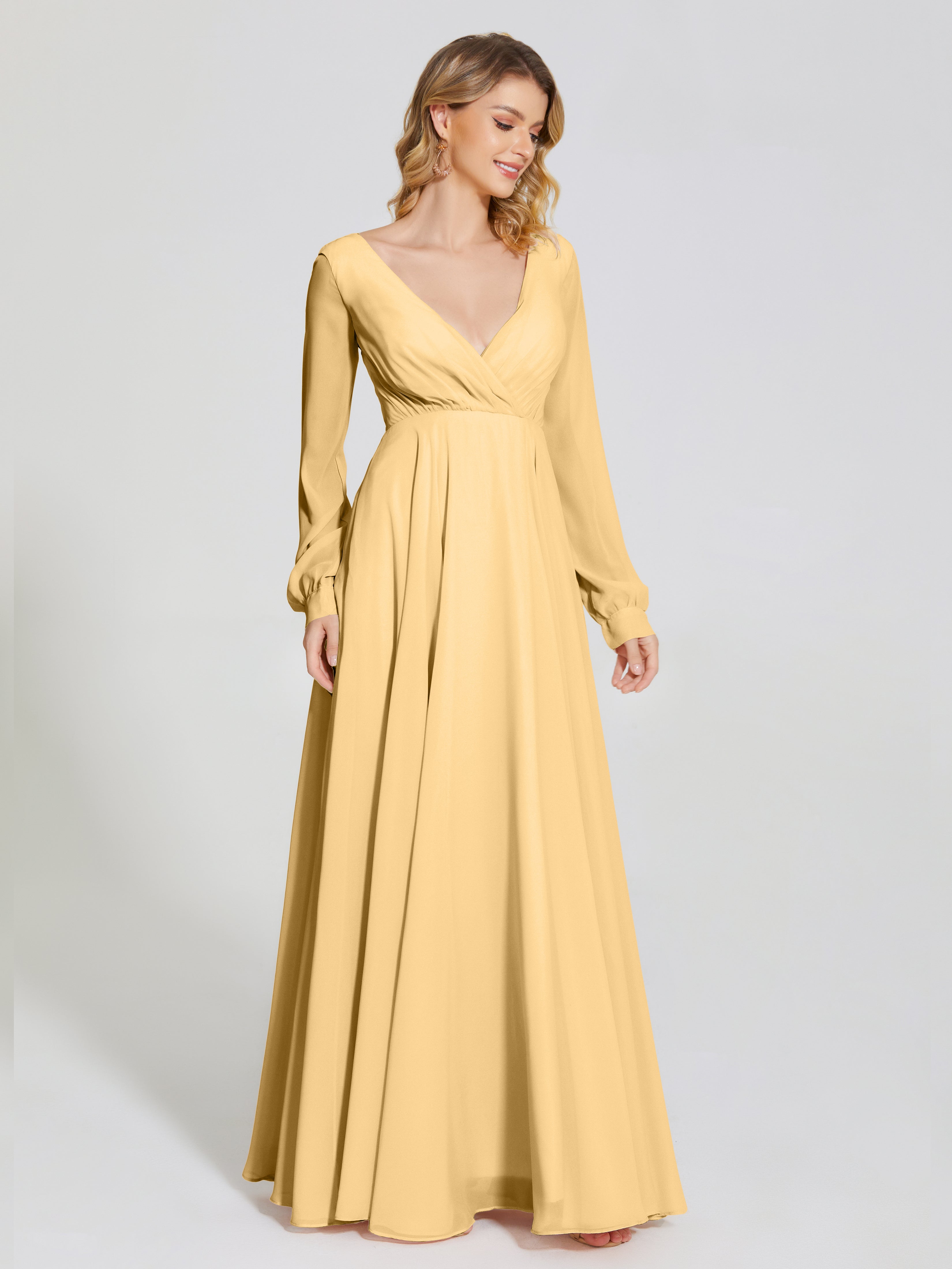 Yellow long fashion sleeve bridesmaid dresses