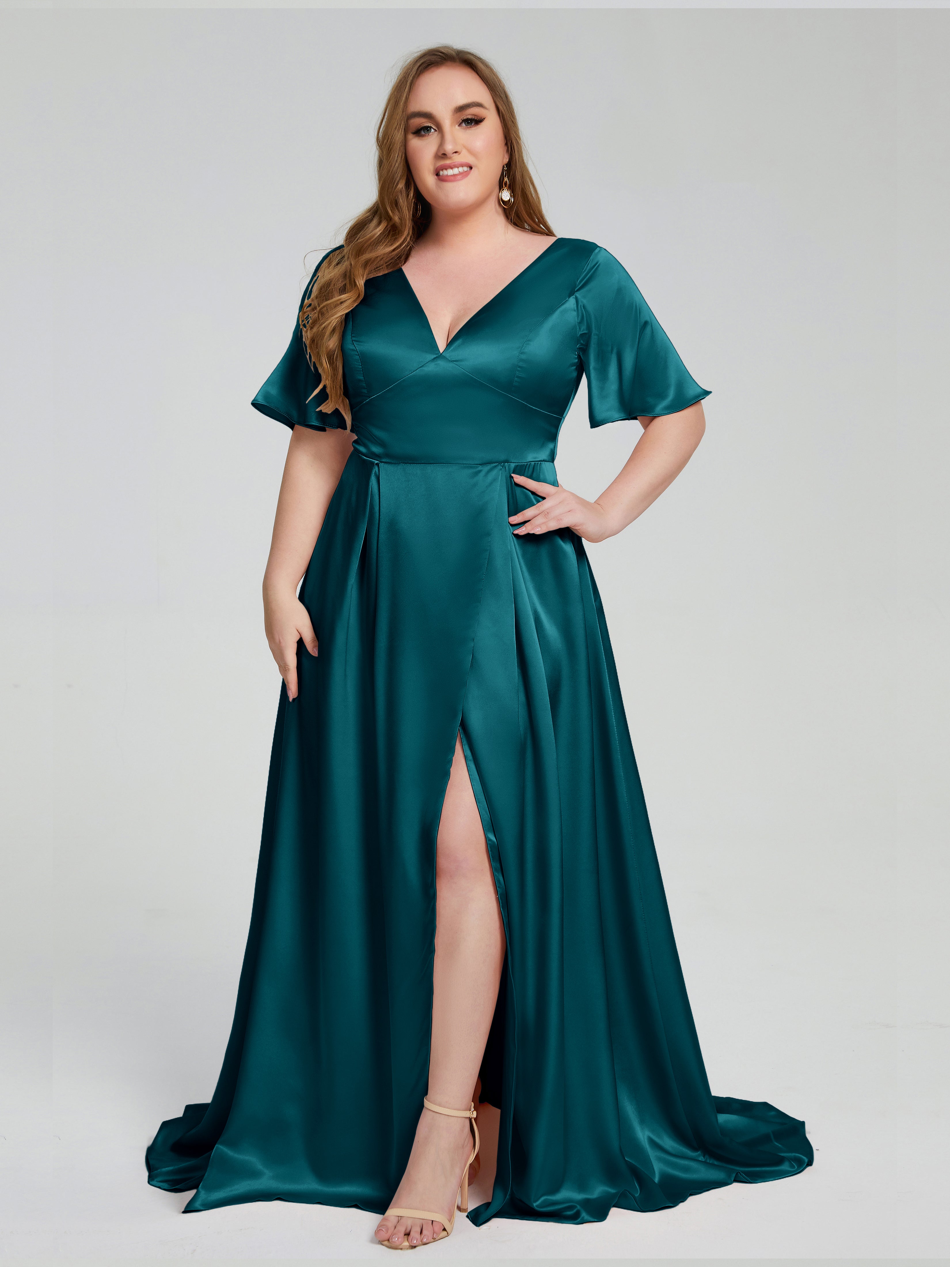 Cicinia Plus Size Emulation Silk Bridesmaid Dresses with Sleeves Peacock